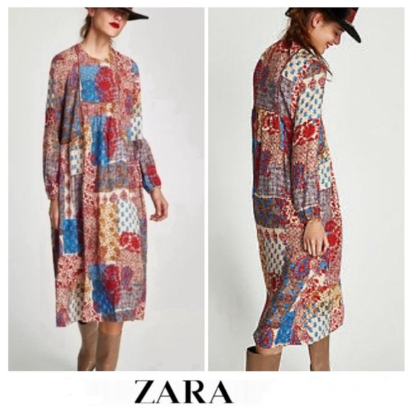 Zara Dresses & Skirts - Zara bandana patchwork midi cotton dress fall colours L